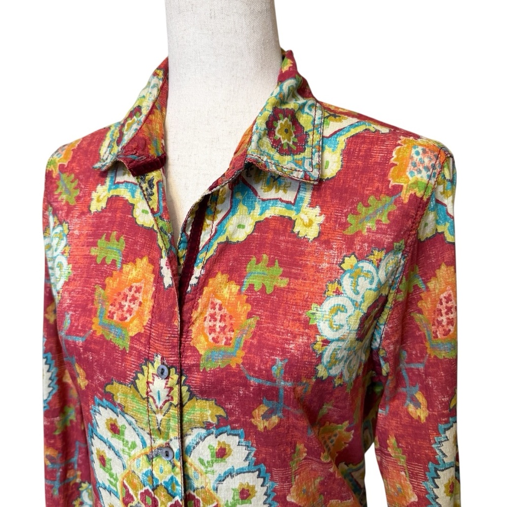Sundance Cino Floral Red Teal Boho Button Down Top Size S #2076 - Picture 3 of 8